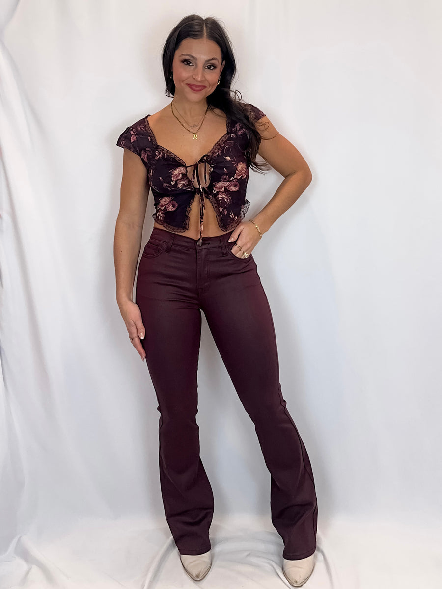 Cabernet Coated Boot Cut Pants