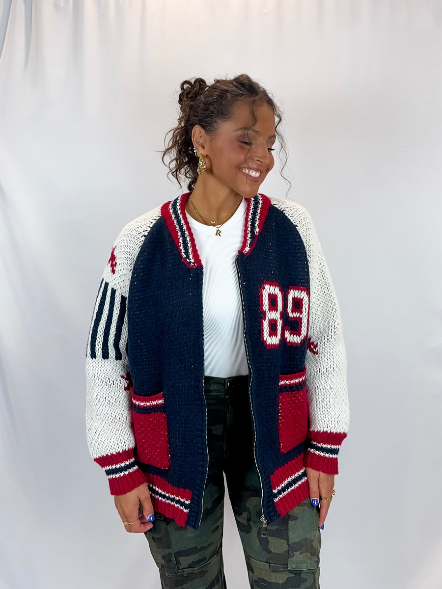 Varsity Zip Up Sweater Cardigan