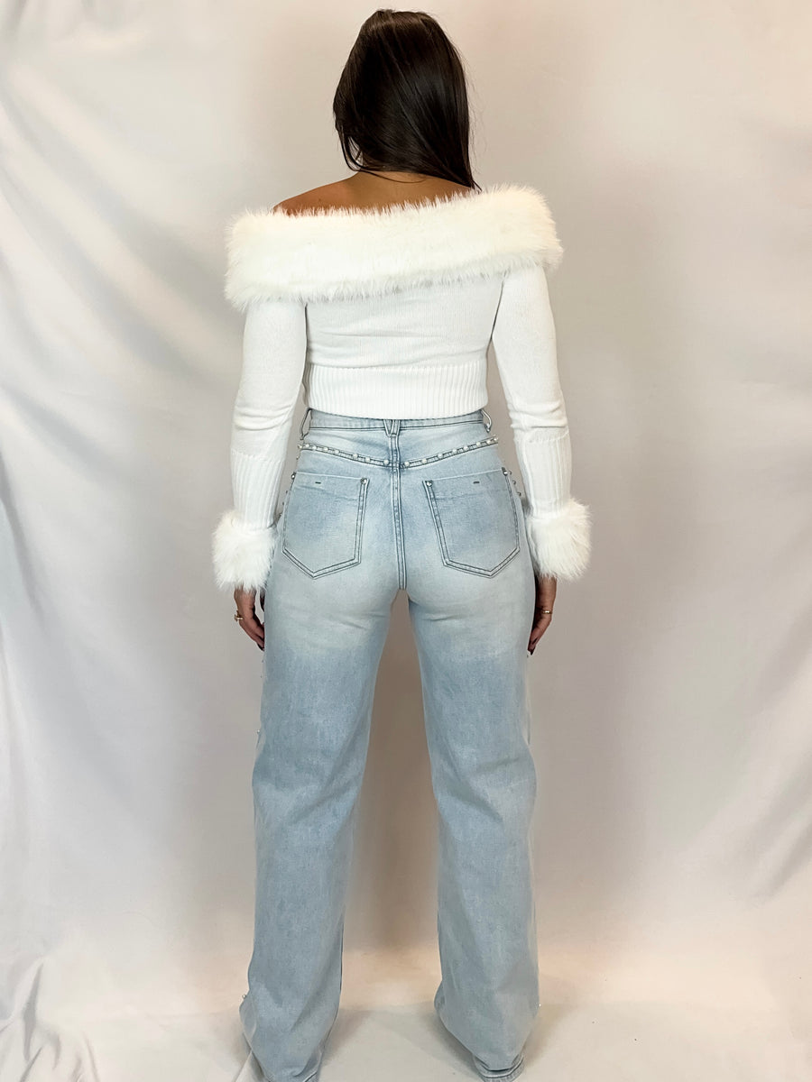 Let It Snow Pearl Stud High Rise Wide Jeans