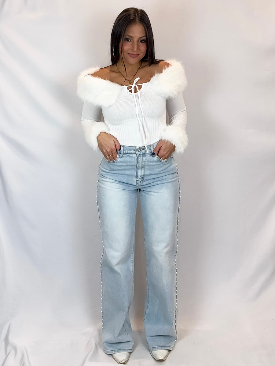 Let It Snow Pearl Stud High Rise Wide Jeans