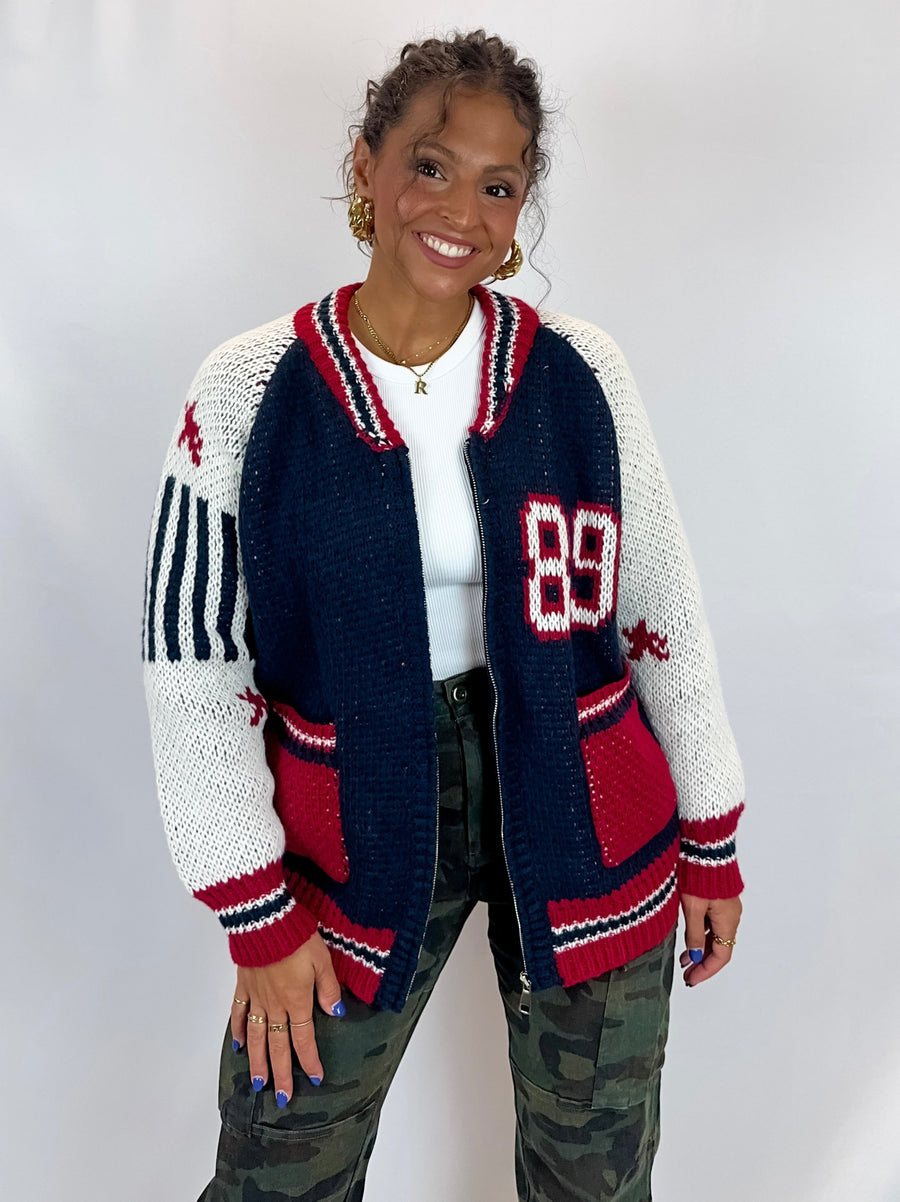 Varsity Zip Up Sweater Cardigan