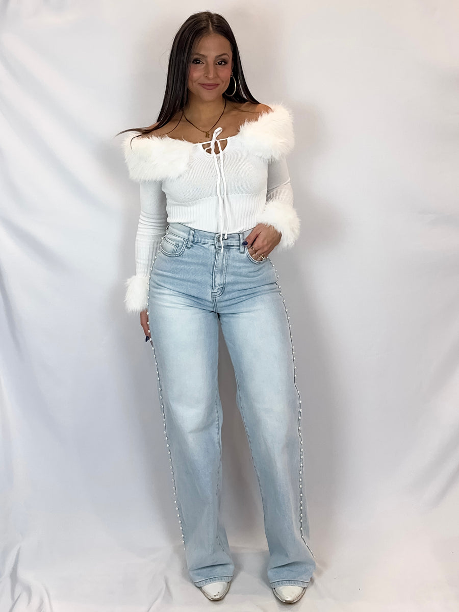 Let It Snow Pearl Stud High Rise Wide Jeans